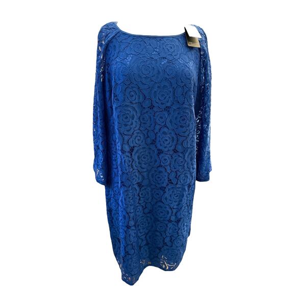 Adrianna Papell Cobalt Blue Lace Overlay Knee Length 18w Exposed Shoulder Dress - Picture 3 of 15